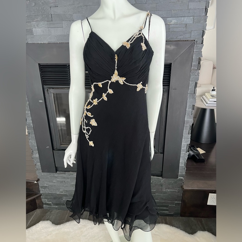 Black Beaded Chiffon Dress Medium Cocktail Evening Embroidered Formal Dress 40